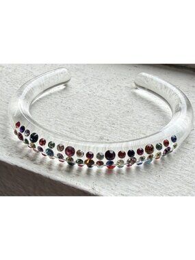 Vintage Clear Lucite Acrylic Cuff Bracelet Multicolor Embedded Rhinestones